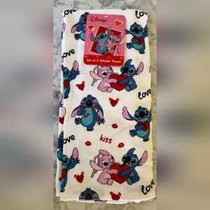 2 Pack Disney Stitch And Angel Kitchen Towels Hearts Valentines Kiss Love NEW